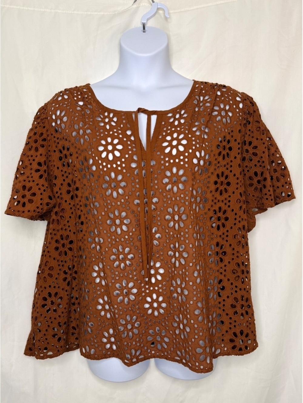 Lane Bryant 100% Cotton Brown Eyelet Peasant Top Size 24